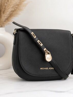 Michael Kors Black Saffiano Leather Saddle Crossbody Bag | Gold Hardware